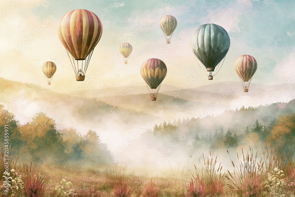 Fototapeta premium A whimsical scene of hot air balloons floating over misty mountains and a vibrant forest landscape.