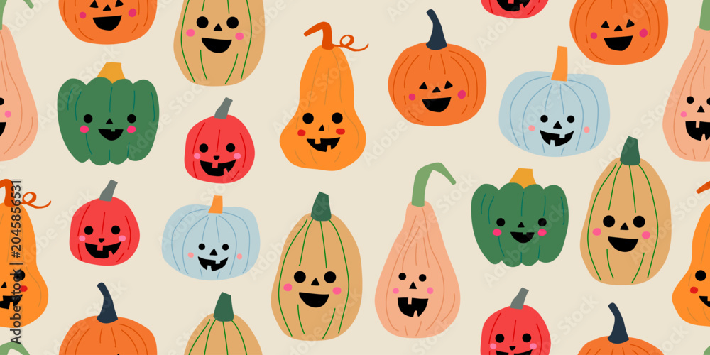 Fototapeta premium Seamless Halloween pumpkin face pattern with colorful carved jack o' lanterns in orange, red, green, pink, beige, and raspberry tones on a warm beige background, playful spooky repeat design