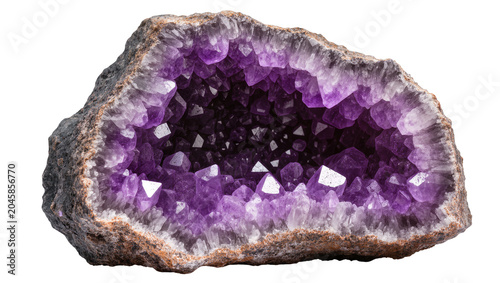 Принти на полотні Rough amethyst geode with sparkling purple crystals, isolated on transparent bac