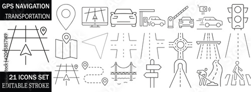 GPS Navigation and Transportation Line Icons Set – 21 Editable Stroke Vector Icons