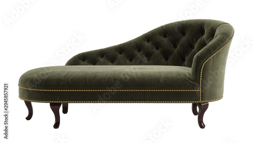 Quadro su tela Deep green velvet tufted chaise lounge with brass nailhead trim, isolated on tra