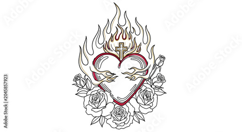 Fotografie Sacred Heart with Roses and Flames, Religious Symbol, Love, Faith, Hope