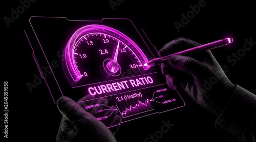 Futuristic Financial Analysis - Hand Interacting with Holographic Current Ratio Display.