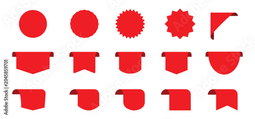 Red sale ribbons and blank labels mega set, flat vector illustration of empty promotional tags, corner ribbon, starburst badges, and price stickers.