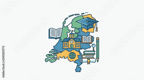 Netherlands Education Concept Map with School and Books.