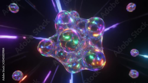 Iridescent liquid metal blob floating through a glowing space warp tunnel animation in digital video footage