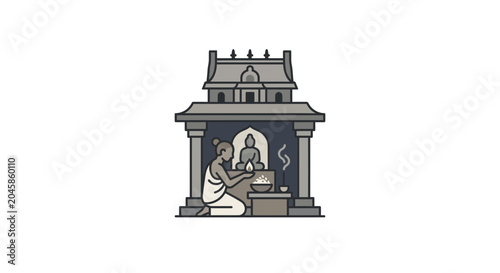 Fotografija Devotee praying at a Buddhist temple altar with offerings and incense