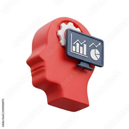 3D Icon of a Red Head with Data Analytics and Gear