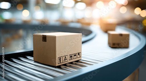 Cardboard shipping box moving on a conveyor belt in a logistics warehouse