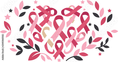 Breast cancer awareness month heart shape pink ribbon floral illustration
