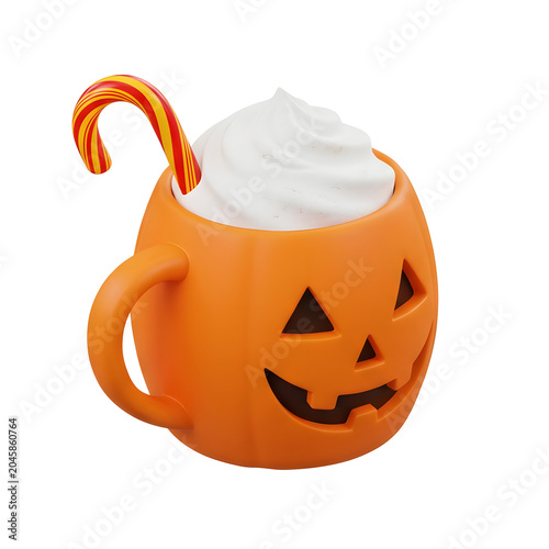 3D Render of a Halloween Pumpkin Mug with Whipped Cream and Candy Cane