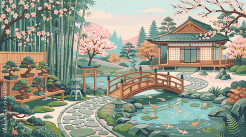 Tableau sur toile Vintage Japan pavilion background with zen stone pathway, bonsai trees, torii ga