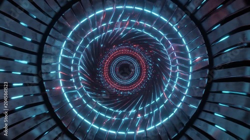 Swirling metallic tunnel featuring vibrant glowing neon lights for a dynamic and immersive motion video effect