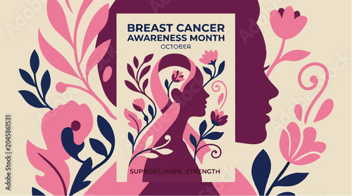 Breast cancer awareness month design with floral and woman silhouette