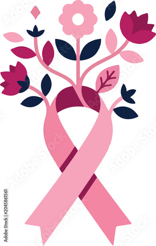 Breast cancer awareness pink ribbon with floral bouquet design