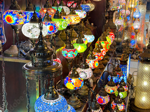 Traditional Turkish Mosaic Lamps Displayed in Dubai Souk