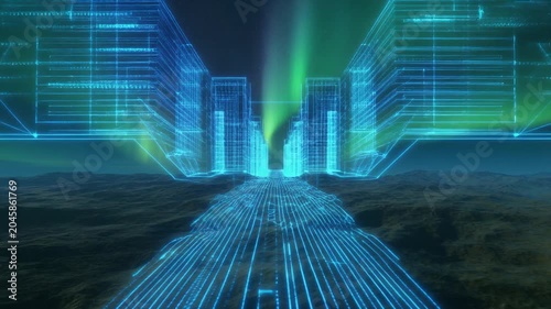 Glowing digital city infrastructure rising from desert terrain under northern lights motion video animation sequence clip