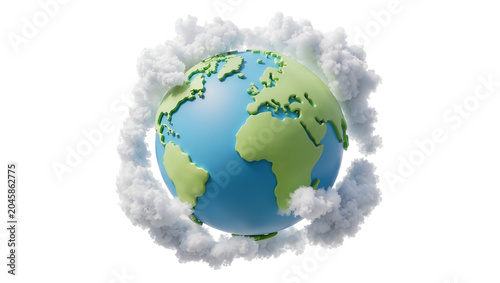 Stylized planet Earth with fluffy clouds circling, isolated on transparent background