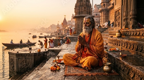 An elderly Indian sadhu meditating with closed eyes on the stone steps of a ghat in Varanasi during a misty golden sunrise