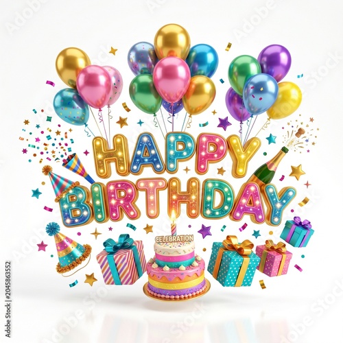 Colorful Birthday Celebration Card with Balloons and Cake