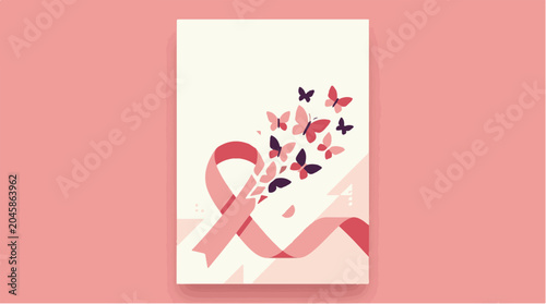 BREAST CANCER AWARENESS MONTH RIBBON WITH FLYING PINK BUTTERFLIES DESIGN