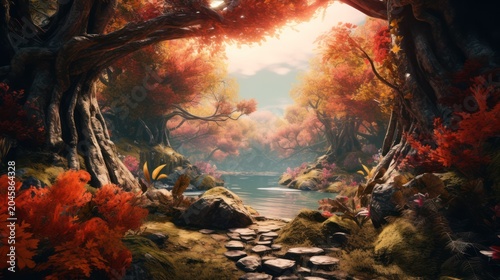 Step into a magical autumn wonderland where nature's colors burn with a mystical glow.