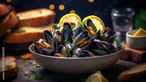 Savor the ocean's finest flavors with this exquisitely prepared bowl of fresh, herb-garnished mussels.