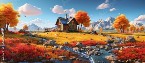 Experience the whimsical tranquility of a hidden mountain cottage nestled within a vibrant autumn wonderland.