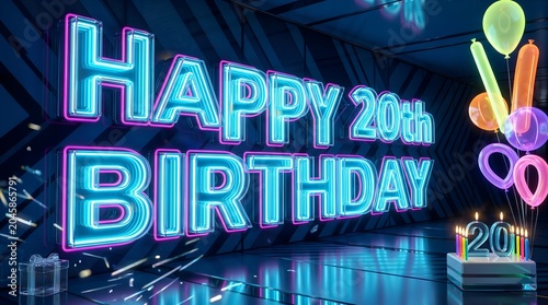 Futuristic Neon Happy 20th Birthday Typography with Glowing Glass Letters Floating Balloons Celebration Cake Candles and Modern Interior Scene