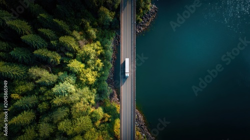 Aerial view of a white semi-truck driving on a bridge between a forest and water