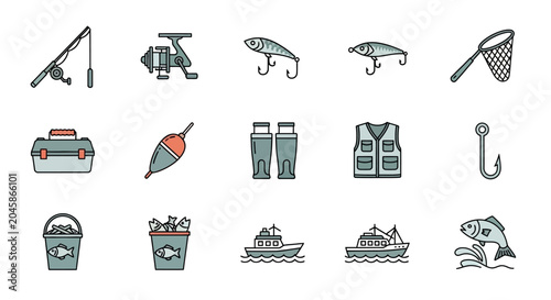 Photos Fishing Gear Icons Set