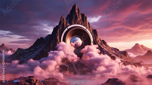 Surreal landscape with floating audio speaker and mountain peaks