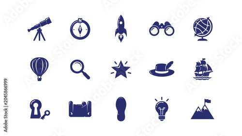 Foto Travel and exploration vector icon set featuring navigational tools for discovery day