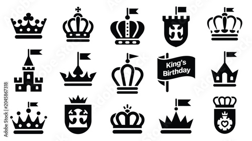 Photos Creative collection of king theme icons including crown and birthday celebration elements