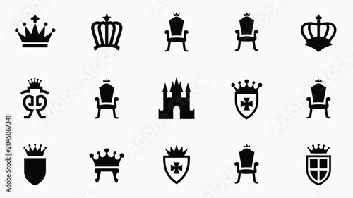 Foto Assorted medieval vector graphics containing crowns thrones and shields on gray background