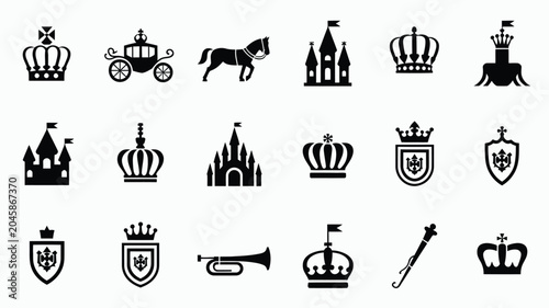 Photos Monarchy lifestyle icons with carriage horse castle crown scepter and heraldic crest sets