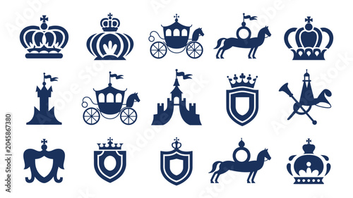 Foto Ornate royal blue icons of crowns carriages horses and shield crests for heraldry designs