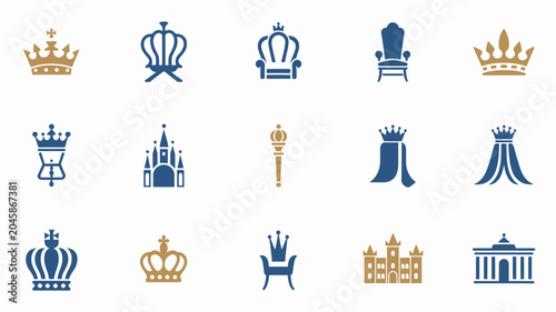Cuadro en lienzo Elegant royal icons in blue and gold showing crowns thrones scepters and palace buildings