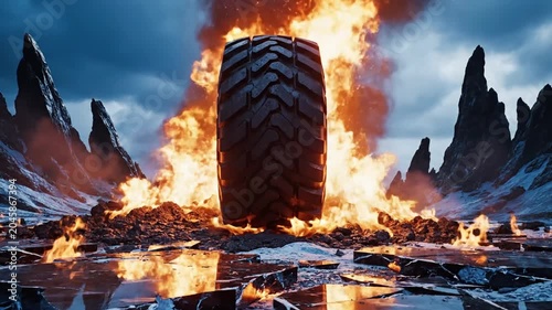 Tire engulfed in flames against a dramatic otherworldly landscape