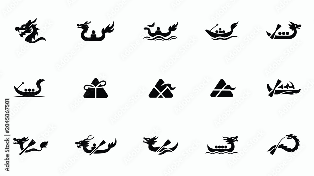 Fototapeta premium Set of dragon head and dragon boat icons celebrating traditional chinese dragon festival.