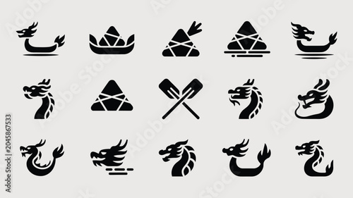Collection of dragon boat festival icons featuring dragon heads boats and zongzi dumplings.