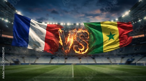 France VS Senegal football match. Spectacular 3D view of national team flags competing in a grand international soccer event.