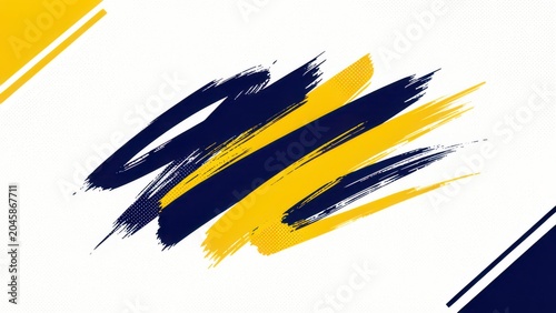 Abstract brush strokes in navy blue and yellow on white background, with vector design in halftone style and football theme for sports design, background texture