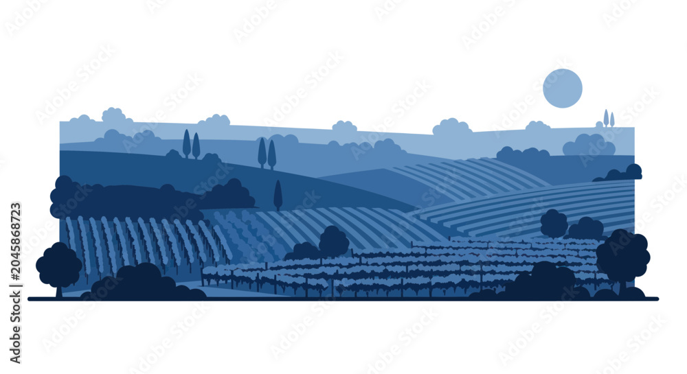 Fototapeta premium Vineyard rows at nighttime with moon.