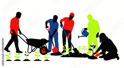 Fotografie Workers Gardening Planting Flowers Together.