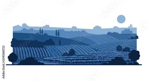 Schilderij op canvas Vineyard rows at nighttime with moon.