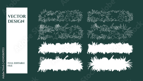 Fotografie Assorted green plant borders and frames in white outline and silhouette