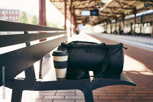 Coffee cup and travel bag on railway platform bench