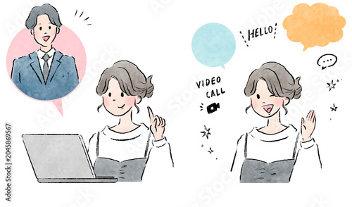 ノートパソコンを使って男性とオンラインで会話する女性のイラスト