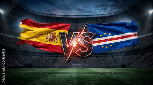 Spain VS Cape Verde football match. An exciting 3D stadium scene featuring two national flags facing each other for a global soccer championship.